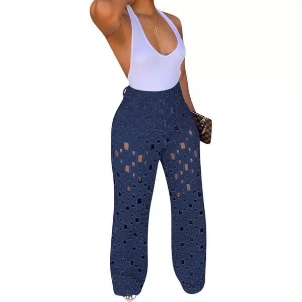 CHARTOU Women Chic High Waisted Hollow Out Denim Pants Cutout Ripped Jeans Wide Leg Party Night Out Punk