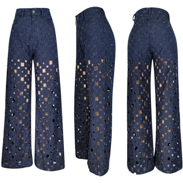 CHARTOU Women Chic High Waisted Hollow Out Denim Pants Cutout Ripped Jeans Wide Leg Party Night Out Punk