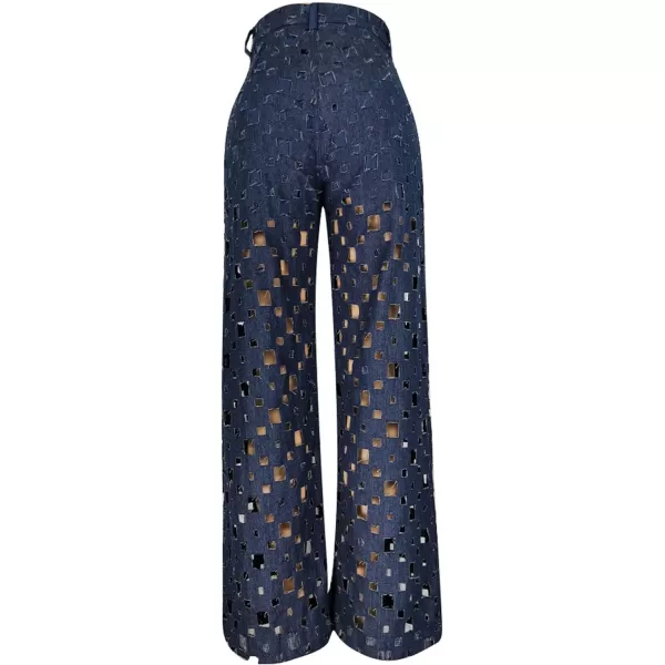 CHARTOU Women Chic High Waisted Hollow Out Denim Pants Cutout Ripped Jeans Wide Leg Party Night Out Punk
