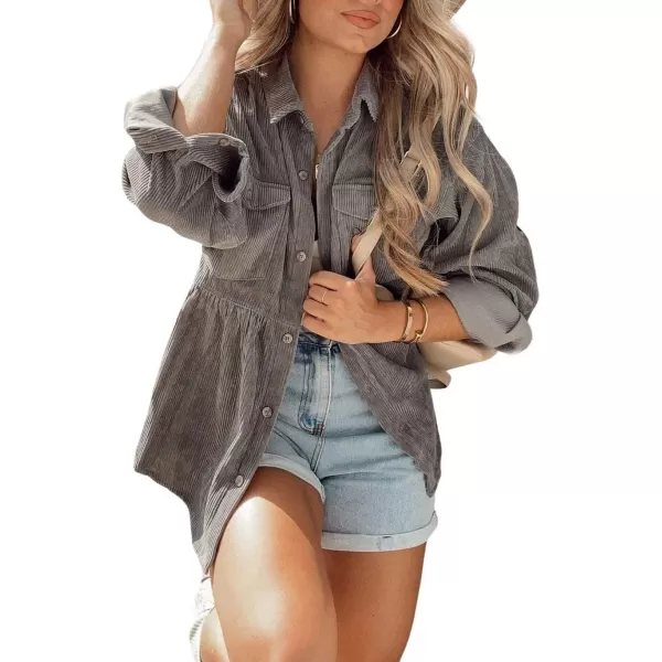 CHARTOU Women Corduroy Shirt Jacket Waffle Knit Shacket Peplum Babydoll Top Button Down Shirt Blouse