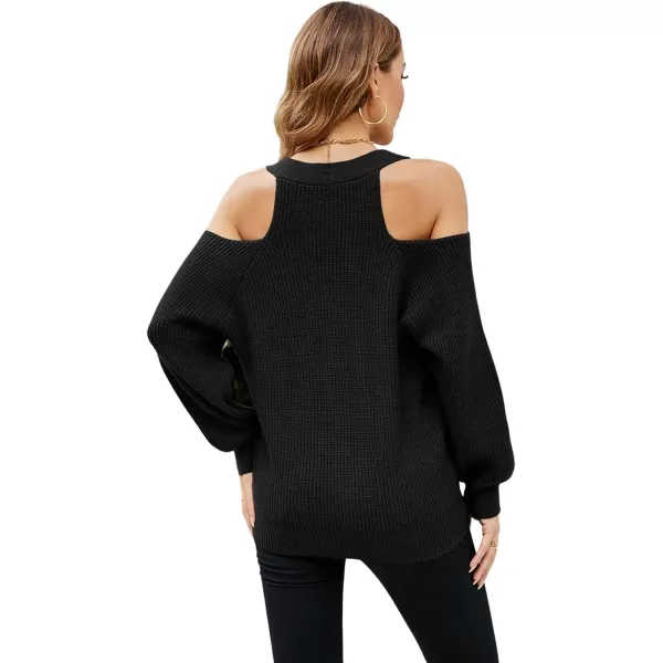 CHARTOU Women Cozy Long Sleeve Cold Shoulder Knit Sweater Cardigan Button Down Knitwear