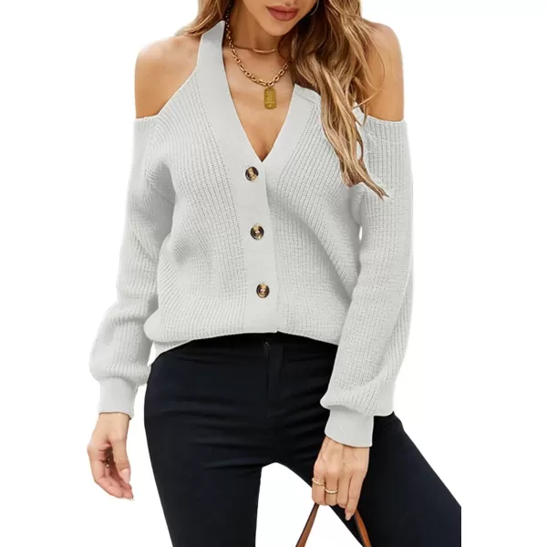 CHARTOU Women Cozy Long Sleeve Cold Shoulder Knit Sweater Cardigan Button Down Knitwear