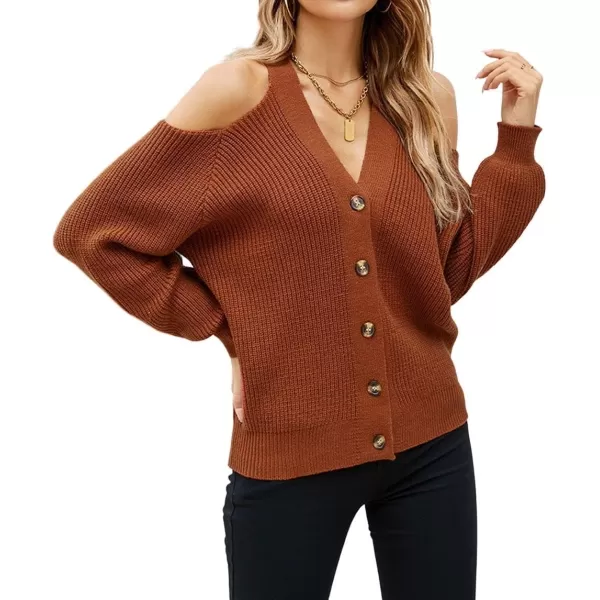 CHARTOU Women Cozy Long Sleeve Cold Shoulder Knit Sweater Cardigan Button Down Knitwear