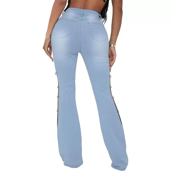 CHARTOU Women High Waisted Cutout Becket Flare Jeans Denim Palazzo Pants Wide Leg Jeans