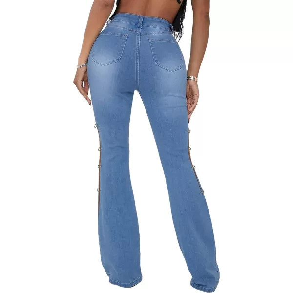 CHARTOU Women High Waisted Cutout Becket Flare Jeans Denim Palazzo Pants Wide Leg Jeans