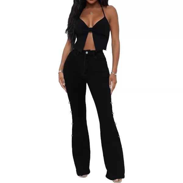 CHARTOU Women High Waisted Cutout Becket Flare Jeans Denim Palazzo Pants Wide Leg Jeans
