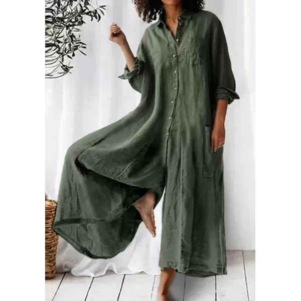 CHARTOU Women Linen Button Down Long Sleeve Wide Leg Jumpsuit Beach Palazzo Pants One Piece Jumpsuit