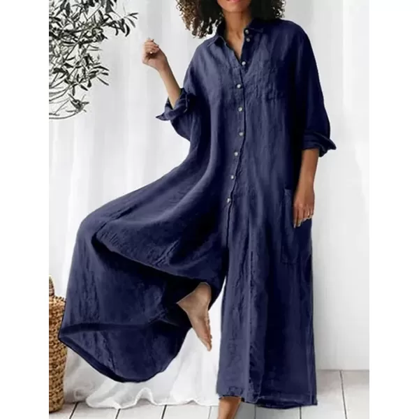 CHARTOU Women Linen Button Down Long Sleeve Wide Leg Jumpsuit Beach Palazzo Pants One Piece Jumpsuit