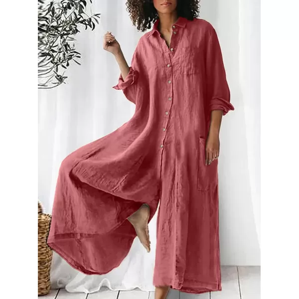CHARTOU Women Linen Button Down Long Sleeve Wide Leg Jumpsuit Beach Palazzo Pants One Piece Jumpsuit