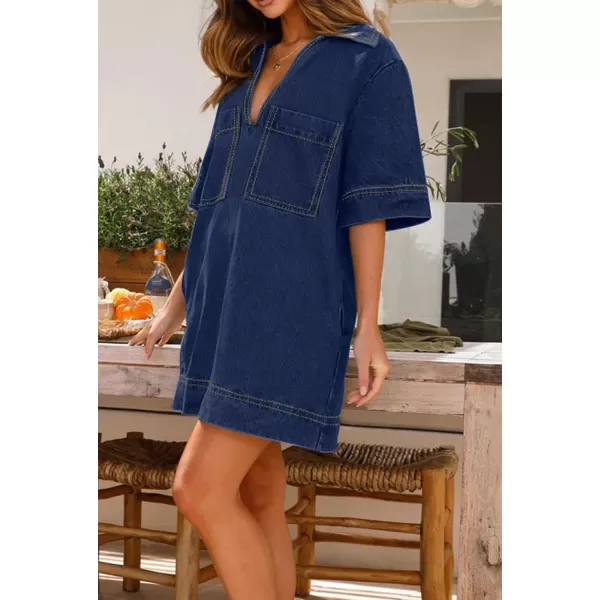 CHARTOU Women Loose Denim Dress Short Sleeve Casual Summer Dress Turn Down Pullover Vintage Tunic Jean Dress