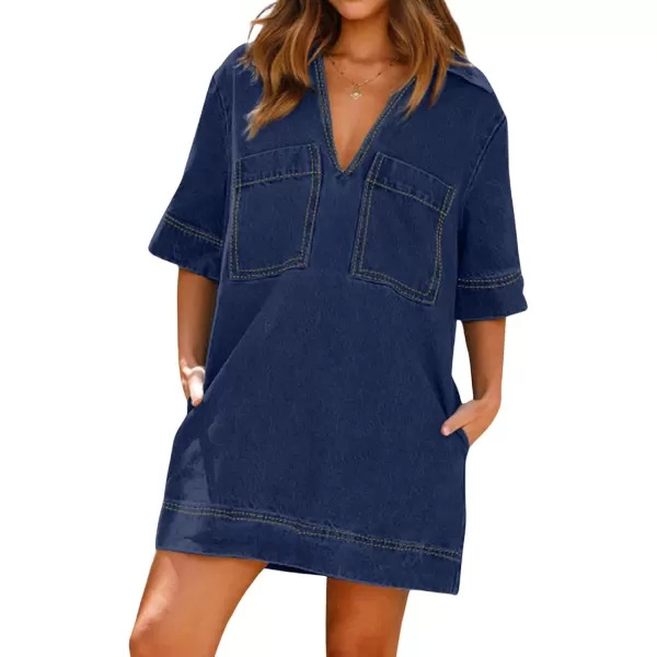 CHARTOU Women Loose Denim Dress Short Sleeve Casual Summer Dress Turn Down Pullover Vintage Tunic Jean Dress