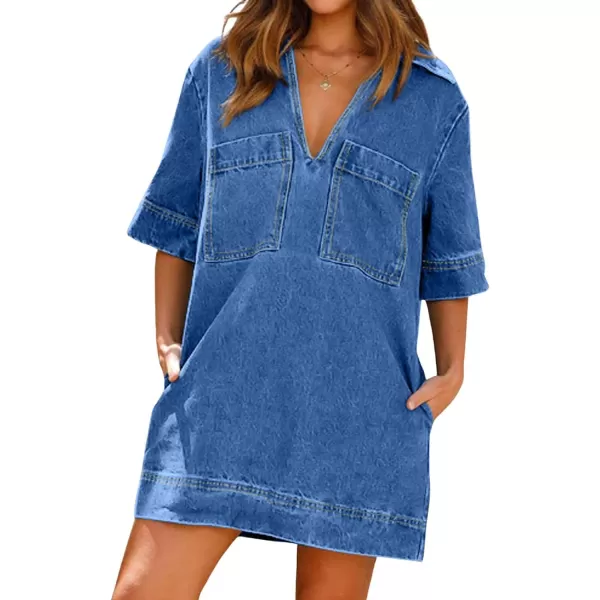 CHARTOU Women Loose Denim Dress Short Sleeve Casual Summer Dress Turn Down Pullover Vintage Tunic Jean Dress