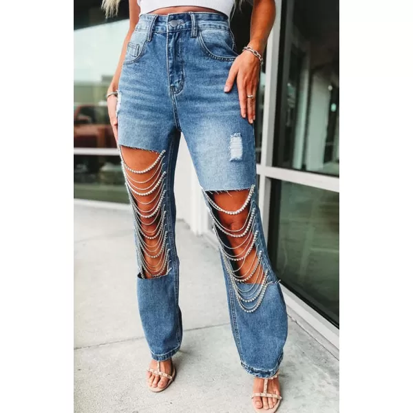 CHARTOU Women Ripped Jeans Straight Leg Denim Pants Cut Out Distressed Chain Rhinestone Jeans with Holes Y2k