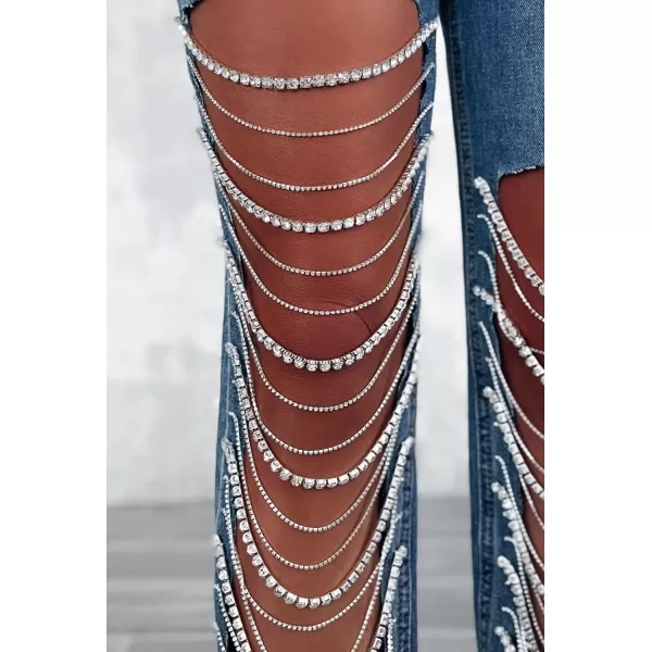 CHARTOU Women Ripped Jeans Straight Leg Denim Pants Cut Out Distressed Chain Rhinestone Jeans with Holes Y2k