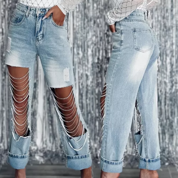 CHARTOU Women Ripped Jeans Straight Leg Denim Pants Cut Out Distressed Chain Rhinestone Jeans with Holes Y2k