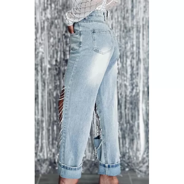 CHARTOU Women Ripped Jeans Straight Leg Denim Pants Cut Out Distressed Chain Rhinestone Jeans with Holes Y2k