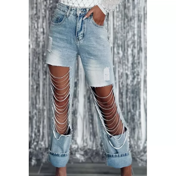 CHARTOU Women Ripped Jeans Straight Leg Denim Pants Cut Out Distressed Chain Rhinestone Jeans with Holes Y2k