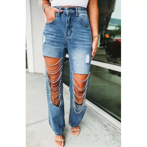 CHARTOU Women Ripped Jeans Straight Leg Denim Pants Cut Out Distressed Chain Rhinestone Jeans with Holes Y2k
