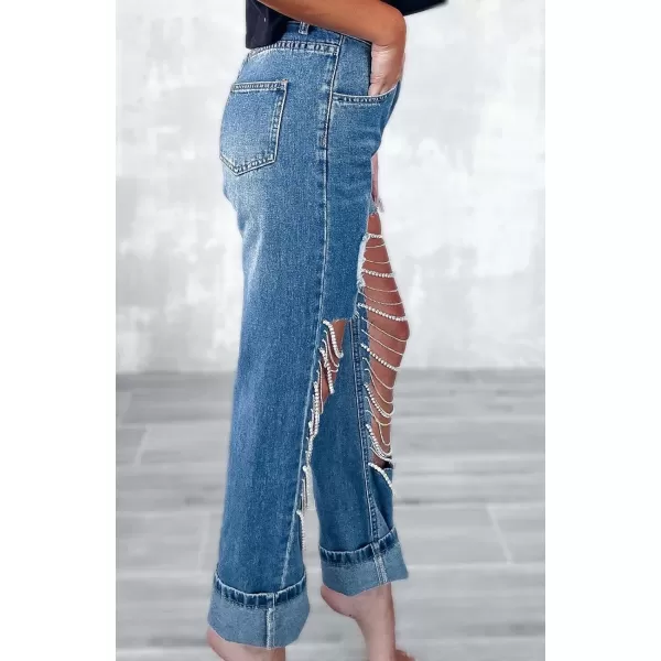 CHARTOU Women Ripped Jeans Straight Leg Denim Pants Cut Out Distressed Chain Rhinestone Jeans with Holes Y2k