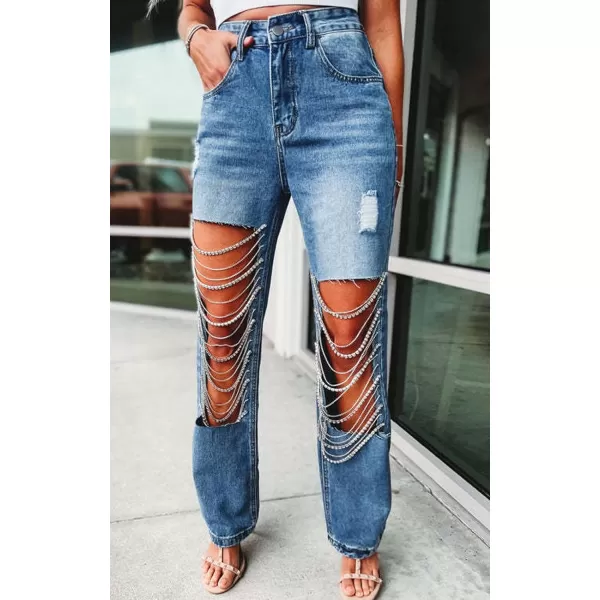 CHARTOU Women Ripped Jeans Straight Leg Denim Pants Cut Out Distressed Chain Rhinestone Jeans with Holes Y2k