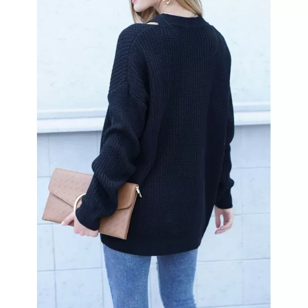CHARTOU Women Sexy Cut Out V Neck Waffle Knit Sweater Tops Long Sleeve Oversized Sweater Pullover