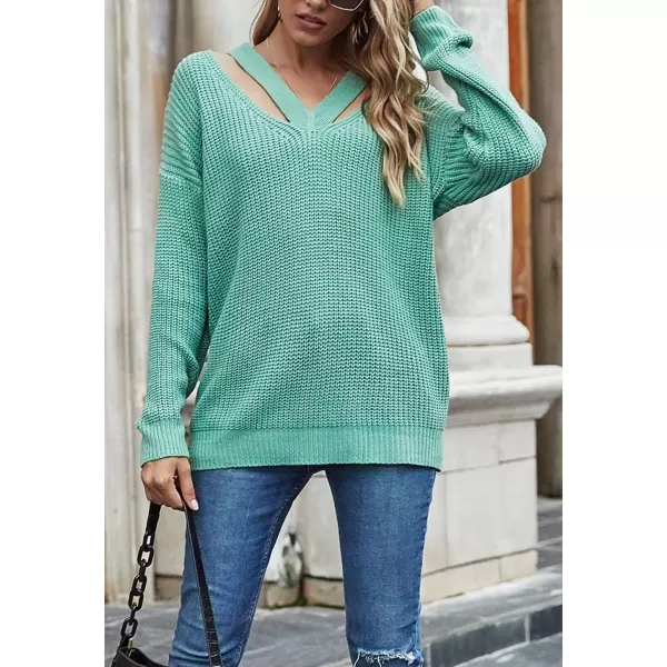 CHARTOU Women Sexy Cut Out V Neck Waffle Knit Sweater Tops Long Sleeve Oversized Sweater Pullover