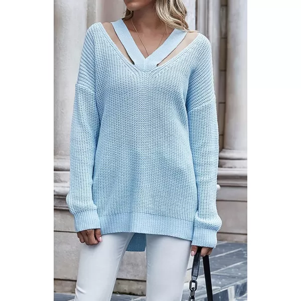CHARTOU Women Sexy Cut Out V Neck Waffle Knit Sweater Tops Long Sleeve Oversized Sweater Pullover