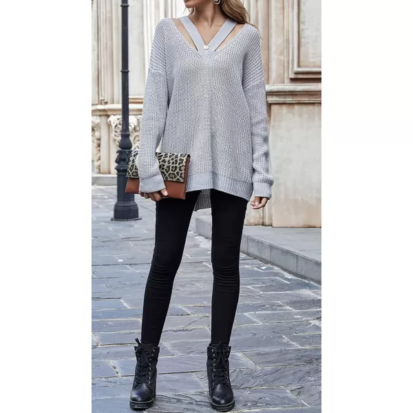 CHARTOU Women Sexy Cut Out V Neck Waffle Knit Sweater Tops Long Sleeve Oversized Sweater Pullover
