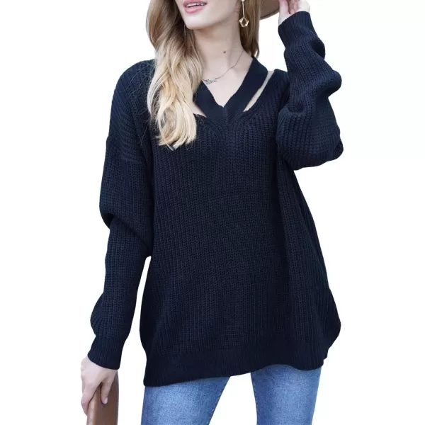 CHARTOU Women Sexy Cut Out V Neck Waffle Knit Sweater Tops Long Sleeve Oversized Sweater Pullover