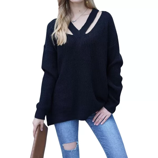 CHARTOU Women Sexy Cut Out V Neck Waffle Knit Sweater Tops Long Sleeve Oversized Sweater Pullover