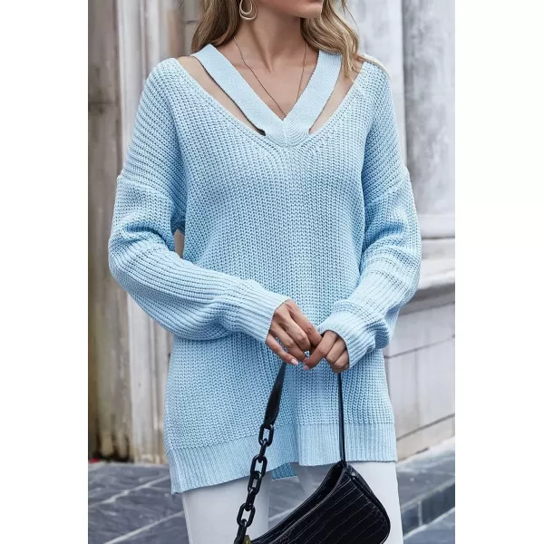 CHARTOU Women Sexy Cut Out V Neck Waffle Knit Sweater Tops Long Sleeve Oversized Sweater Pullover