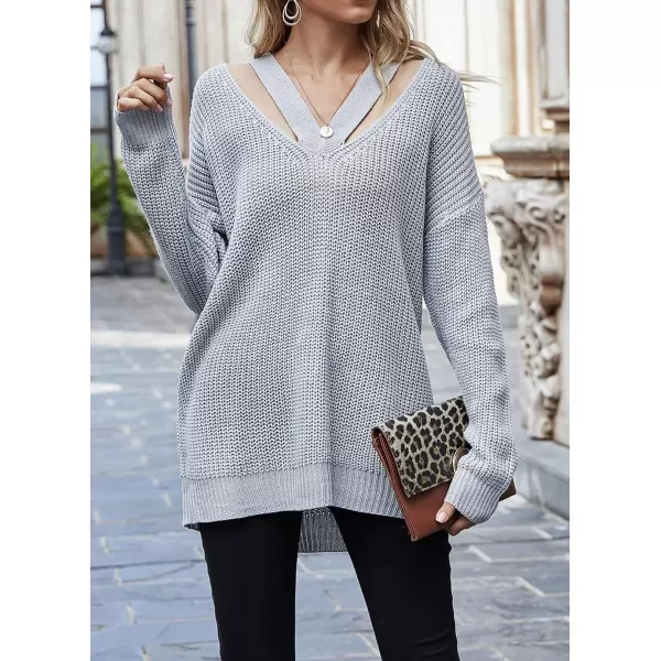 CHARTOU Women Sexy Cut Out V Neck Waffle Knit Sweater Tops Long Sleeve Oversized Sweater Pullover
