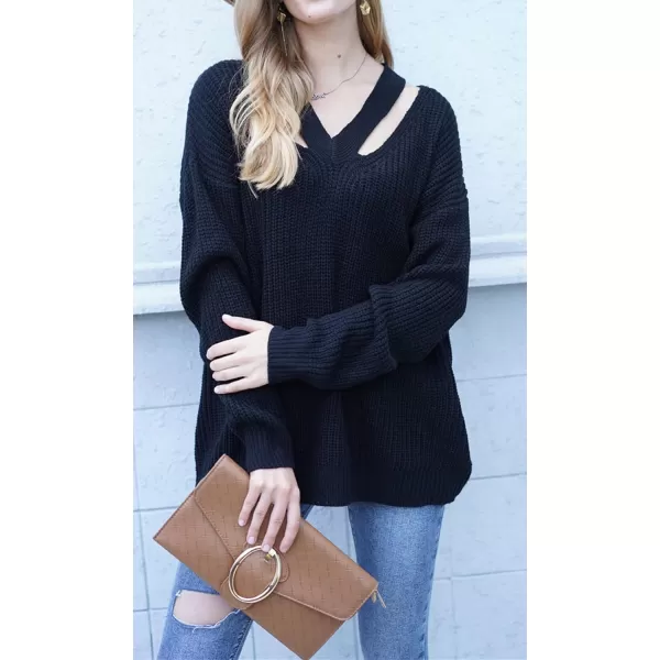 CHARTOU Women Sexy Cut Out V Neck Waffle Knit Sweater Tops Long Sleeve Oversized Sweater Pullover