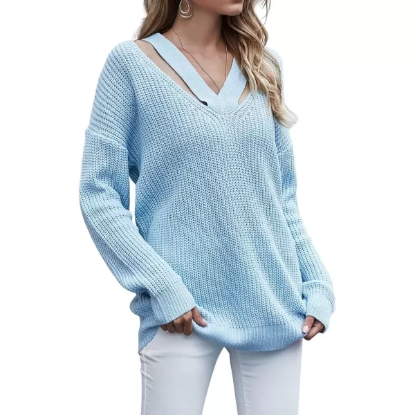 CHARTOU Women Sexy Cut Out V Neck Waffle Knit Sweater Tops Long Sleeve Oversized Sweater Pullover