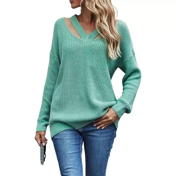 CHARTOU Women Sexy Cut Out V Neck Waffle Knit Sweater Tops Long Sleeve Oversized Sweater Pullover