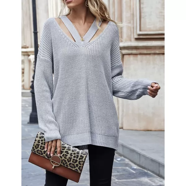 CHARTOU Women Sexy Cut Out V Neck Waffle Knit Sweater Tops Long Sleeve Oversized Sweater Pullover