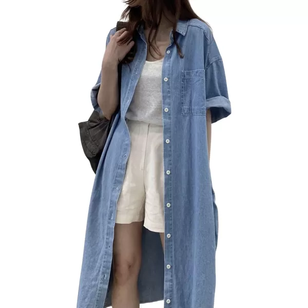 CHARTOU Women Short Sleeve Collared Denim Shirt Dress for Women Button Down Denim Jean Long Shirt Dress