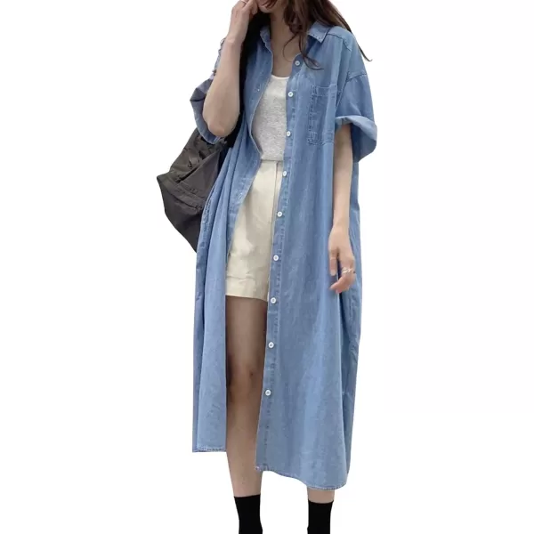 CHARTOU Women Short Sleeve Collared Denim Shirt Dress for Women Button Down Denim Jean Long Shirt Dress