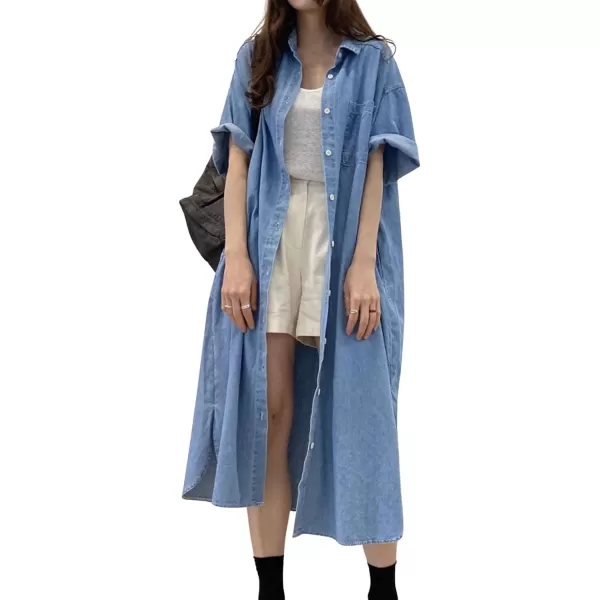 CHARTOU Women Short Sleeve Collared Denim Shirt Dress for Women Button Down Denim Jean Long Shirt Dress