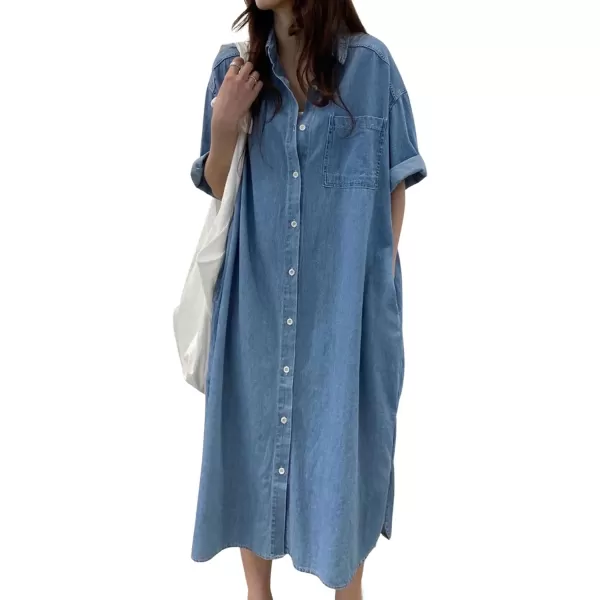 CHARTOU Women Short Sleeve Collared Denim Shirt Dress for Women Button Down Denim Jean Long Shirt Dress