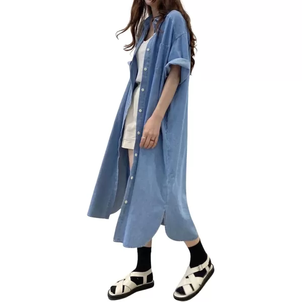 CHARTOU Women Short Sleeve Collared Denim Shirt Dress for Women Button Down Denim Jean Long Shirt Dress