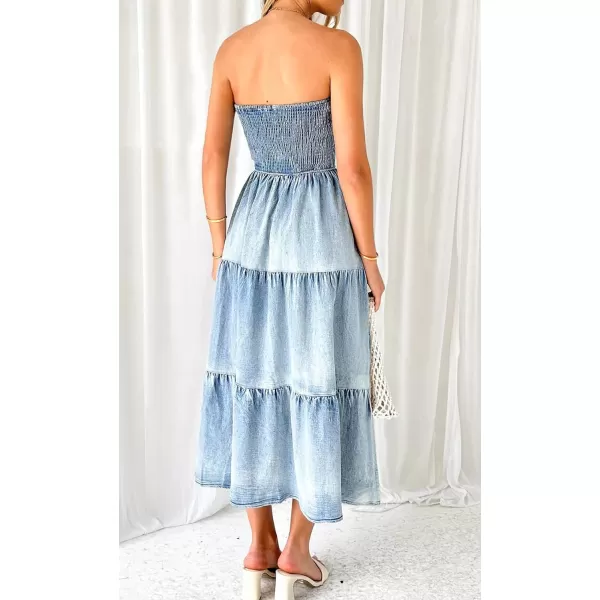 CHARTOU Women Smocked Denim Dress Strapless Maxi Dress Denim Tube Top Dress A Line Ruffle Tiered Bandeau Dress