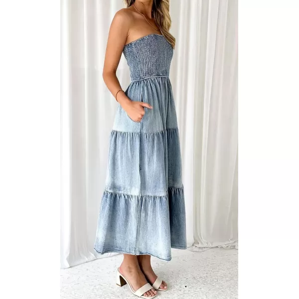 CHARTOU Women Smocked Denim Dress Strapless Maxi Dress Denim Tube Top Dress A Line Ruffle Tiered Bandeau Dress