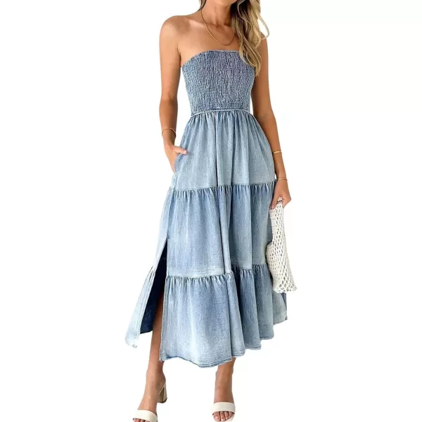 CHARTOU Women Smocked Denim Dress Strapless Maxi Dress Denim Tube Top Dress A Line Ruffle Tiered Bandeau Dress