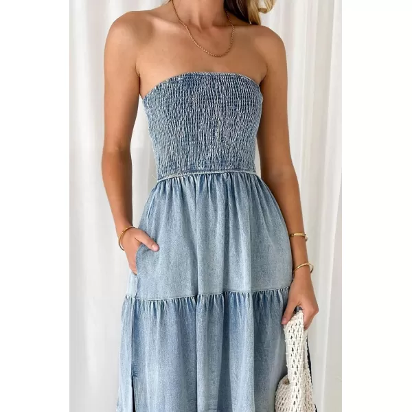 CHARTOU Women Smocked Denim Dress Strapless Maxi Dress Denim Tube Top Dress A Line Ruffle Tiered Bandeau Dress