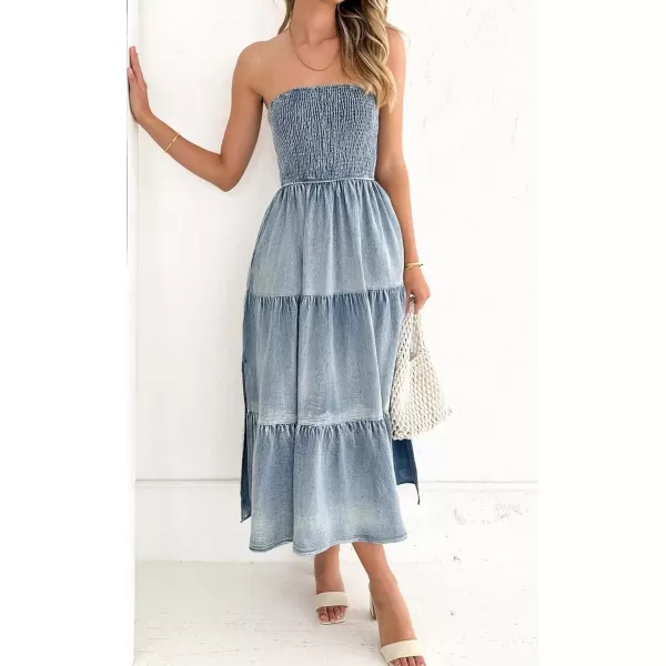 CHARTOU Women Smocked Denim Dress Strapless Maxi Dress Denim Tube Top Dress A Line Ruffle Tiered Bandeau Dress
