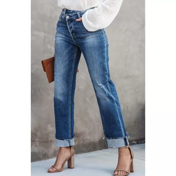 CHARTOU Women Straight Leg Jeans Boyfriend Denim Pants Casual Roll Up Ripped Jeans Distressed Mid Rise Jeans