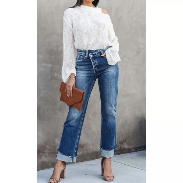 CHARTOU Women Straight Leg Jeans Boyfriend Denim Pants Casual Roll Up Ripped Jeans Distressed Mid Rise Jeans