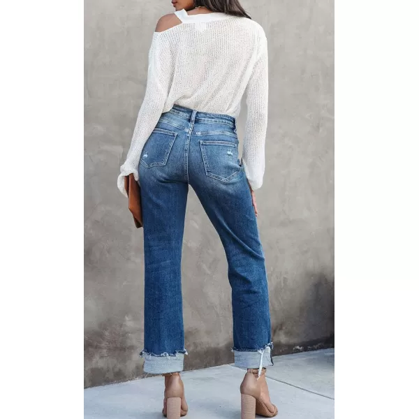 CHARTOU Women Straight Leg Jeans Boyfriend Denim Pants Casual Roll Up Ripped Jeans Distressed Mid Rise Jeans