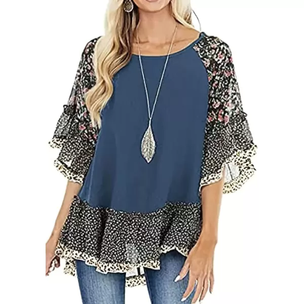 CHARTOU Women Summer Casual 3/4 Bell Sleeve Floral Print Blouse Shirt Flowy Tunic Top